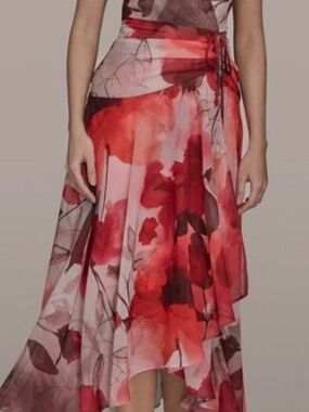Macy's Red Floral High-Low Wrap Dress